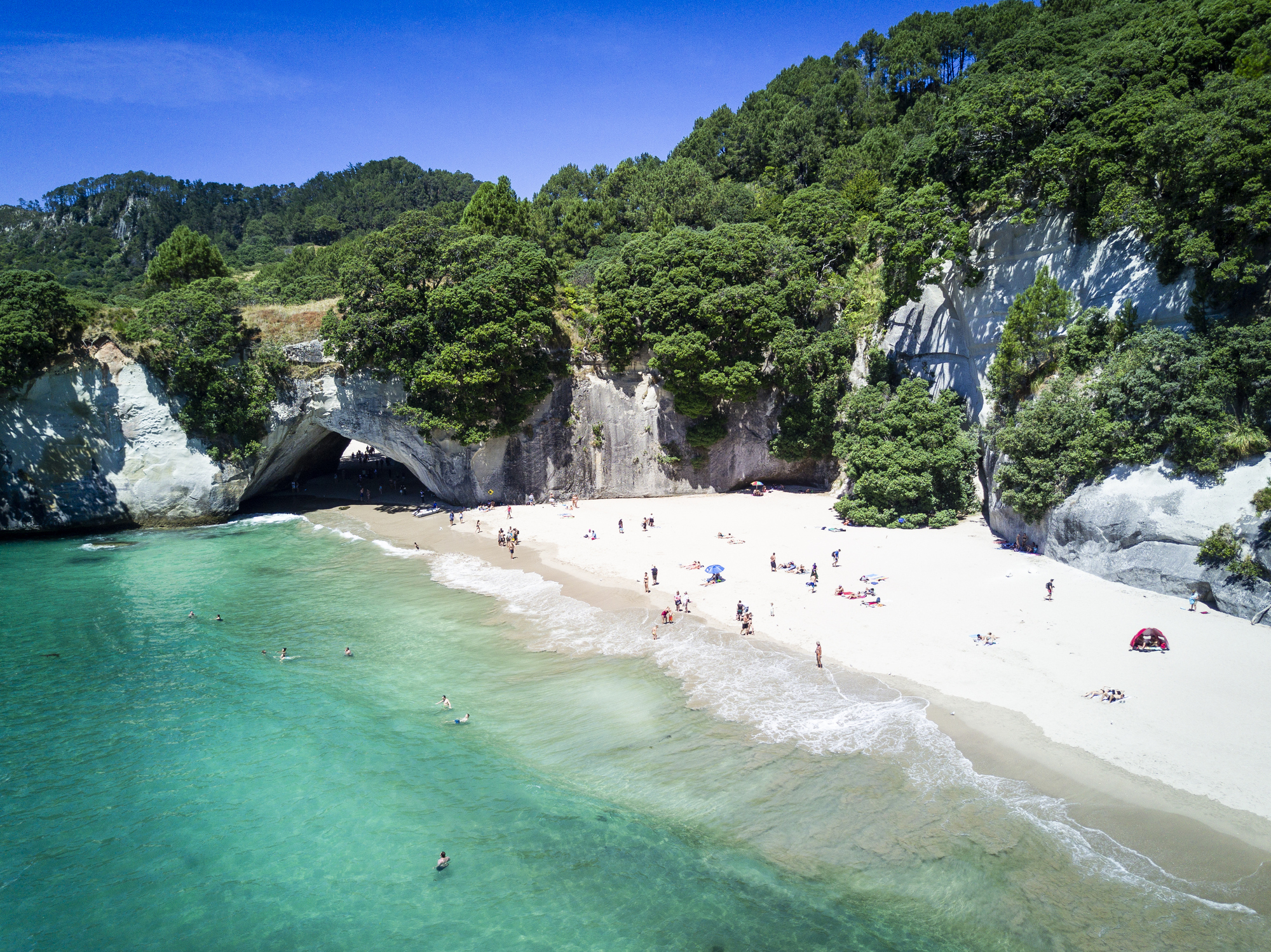 Arial view of Cathedral cove in Coromandel Peninsula, New Zealand