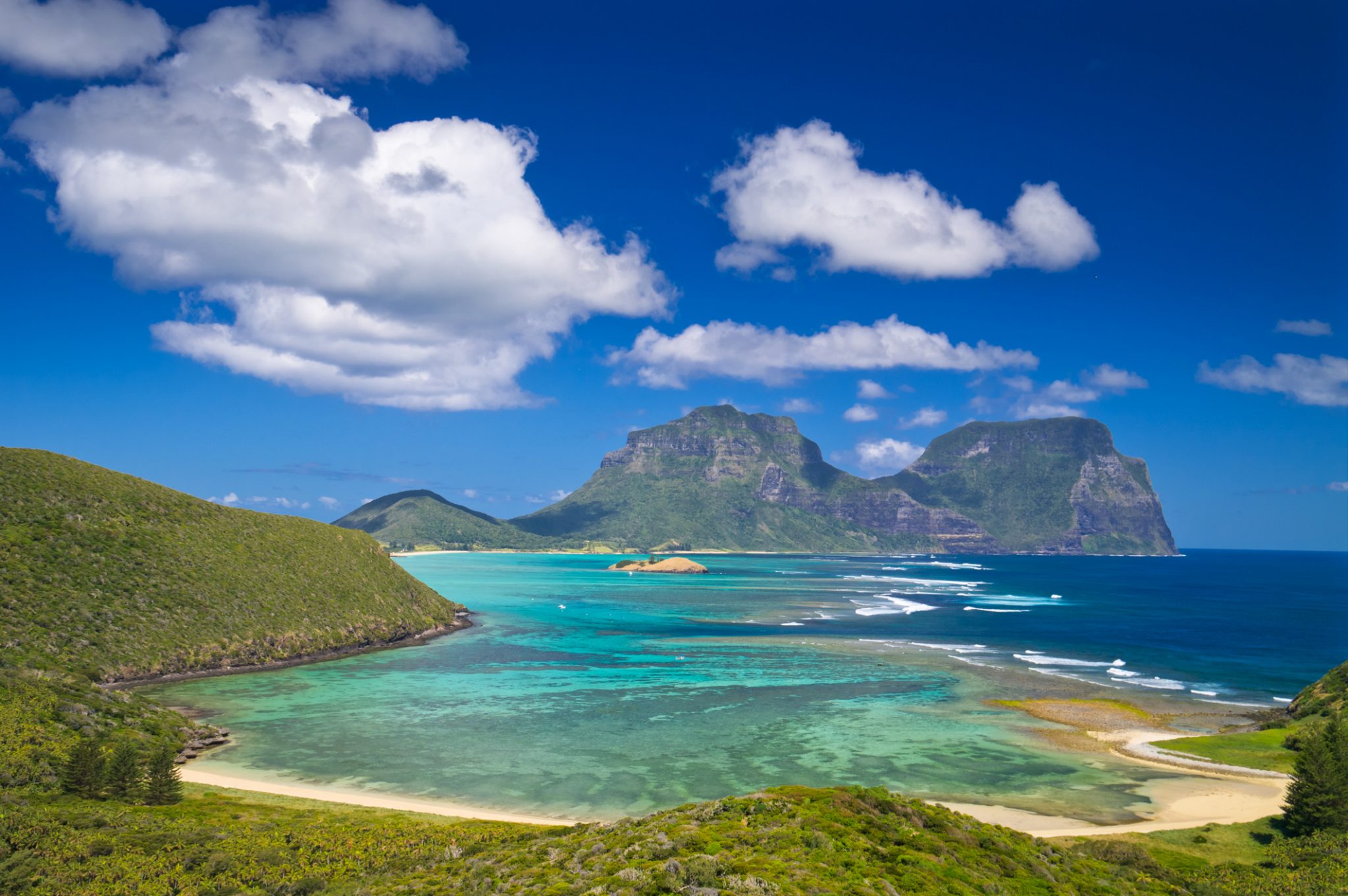 View over Lord Howe Island lagoon to Mt Gower, Australia